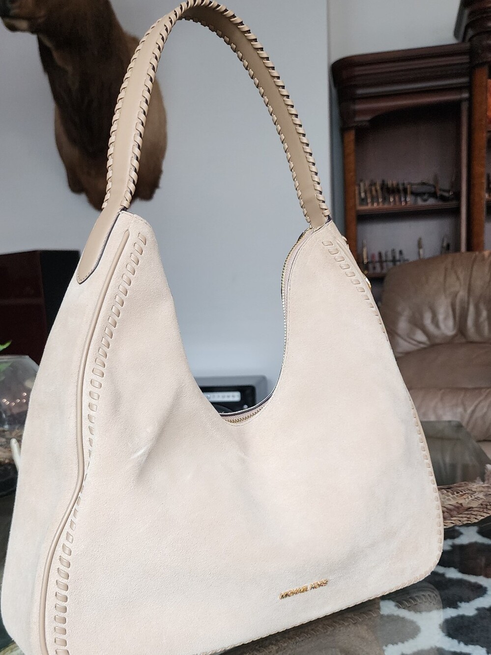 Michael Kors Beige Suede Hobo with Woven Handle